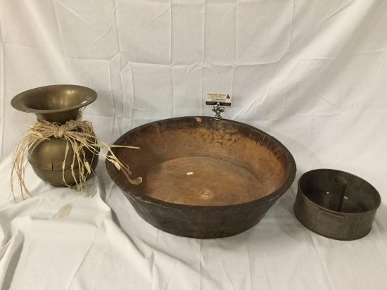 Lot of 3 antiques; large wood bowl (has cracks and chip), brass spittoon (has cracks), antique E.