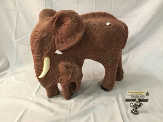 Vintage flecked metal elephant with calf coin bank - made in Mexico