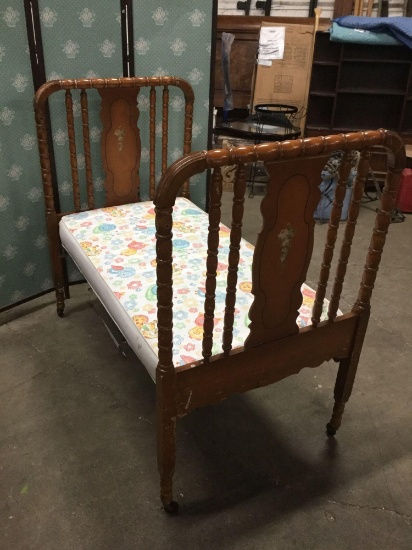 Vintage mahogany art deco style wood and metal childs bed