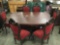 Antique ornate base dining table w/ 6 tufted red chairs - Gothic renaissance revival style