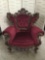 Antique Victorian gothic influence mid 1800's armchair w/ rolled arms & tufted upholstery
