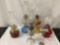 Lot of 5 antique oil lamps with chimneys - 4 w/ colored bases - no oil included