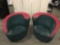 Pair of unique vintage red and green suede upholstery swivel armchairs - as is fair cond