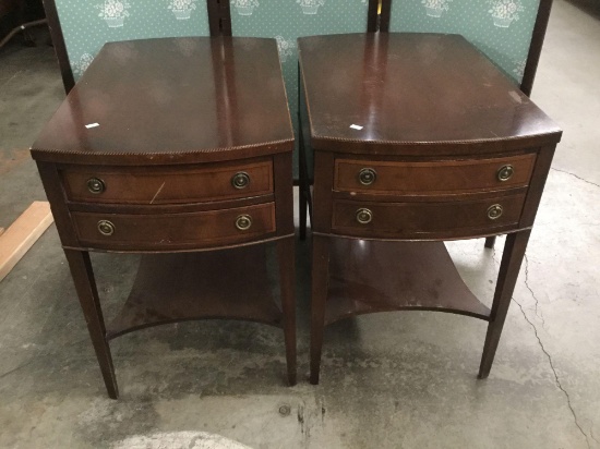 Pair of mid century mahogany nightstands and end tables with drawers - shows some wear see pics