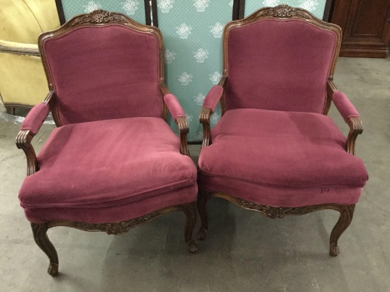 Pair of vintage Bernhardt walnut cushioned arm chairs w/ newer purple upholstery