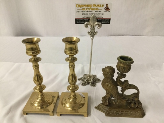 Lot of 3 antique brass candle holders - 2x marked made in England & other is signed HR