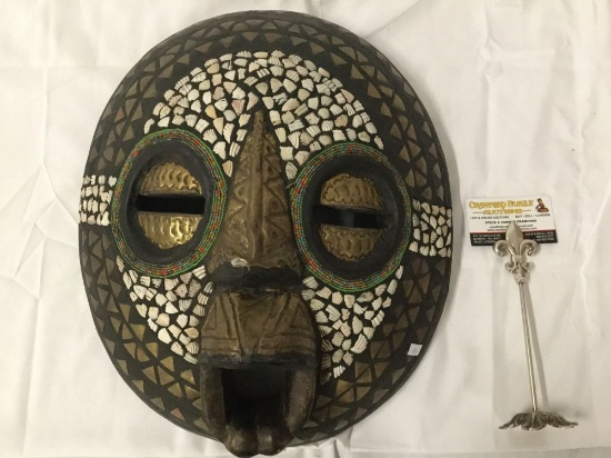Hand crafted African Ghana decor mask with inlaid shell, bead and metal design
