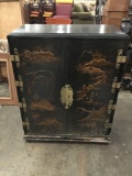 Vintage painted Asian storage cabinet with ornate mountain scene design - as is
