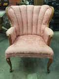 Vintage deco French walnut base wing-back armchair with pink floral upholstery - as is