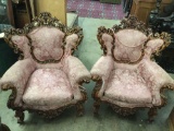 2 matching ornately carved mid 1800's French wingback parlor chairs w/ pink upholstery - as is