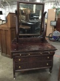 Antique dark stained flame/tiger grain wood vanity dresser circa early 1900's with mirror - as is