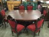 Antique ornate base dining table w/ 6 tufted red chairs - Gothic renaissance revival style