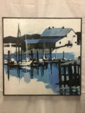 Original impressionist dock scene oil painting signed by artist - on canvas in frame