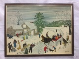 Grandma Moses winter scene woodblock print by Anna Mary Robertson in frame
