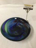 Modern blue and green swirled art glass bowl signed by Caleb 2000