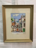 Colorful Sevilla city watercolor in frame signed by the artist