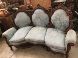 Antique wood carved Victorian sofa couch w/ blue flower upholstery & ornate design matches 227
