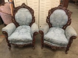 Antique wood carved Victorian chair set w/ blue flower upholstery & ornate design matches 226