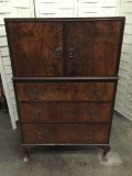 Antique flame mahogany veneer front 3 drawer and cabinet top dresser