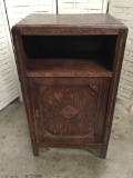 Antique tiger oak side table with cabinet drawer - mission style