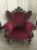 Antique Victorian gothic influence mid 1800's armchair w/ rolled arms & tufted upholstery