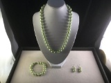 Attractive lime green Akoya pearl bead necklace w/ ear rings and bracelet
