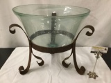Antique French circa 1880 hand blown glass cloche bowl with (new) iron stand