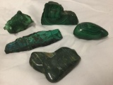 Selection of 5 green crystals/mineral rock specimens - one marked peat bog