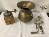 3 pc antique lot - brass spittoon, Dienes coffee grinder & Keystone meat grinder