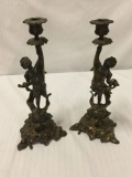 Pair of Early 1900s Brass Cherub Candle Holders, Marked F. Souchal Paris