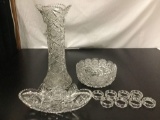 Selection of 2 fine crystal bowls (one candy dish/boat), 1 large vase & 8 napkin rings- all unmarked
