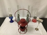 5 antiques - Dressel - Arlington PA metal hanging lantern & 2 glass oil lamps, 2x matching tin lamps