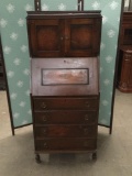 Antique Mahogany tall secretary desk with upper cabinet & 4 drawer - desk is locked no key