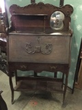 Rare antique turn of the century oak secretary desk vanity with offset mirror and nice detail