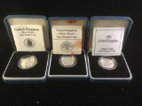 3 U. K. Silver proof one pound coin, each coin is sterling silver @ 9.5 grams
