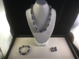 Fine blue and silver tri-color Akoya pearl bead necklace w/ matching bracelet and earrings