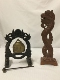 Vintage ornate Chinese bell w/ stand & carved wooden dragon incense holder