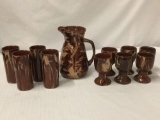 Hand made Montana Clay calico pitcher, glasses & goblets - made 1990s signed by the artists