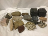 Large lot of assorted crystal, rock/mineral specimens, 2x cubes, slices, etc