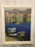 Signed harbor/boat scene print in frame