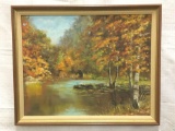 Peg Francort original oil on canvas painting of an autumnal forest in frame