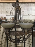 Large Modern Gothic influenced chandelier light fixture with 5 frosted glass shades - as is see desc