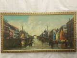 Original wide landscape canal view painting of Venice, Italy - signed E.Vitti - oil on canvas