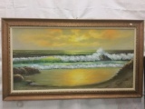 Original Ocean waves and sunset oil painting signed J. Mann - oil on canvas