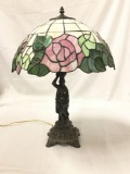 Vintage art deco style metal sculpture lamp with composite stained glass shade