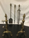 Antique circa 1870 set of Andirons and English brass Victorian fireplace tools