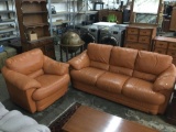 2pc Interline Orange Leather sofa & armchair set made in Italy - couch has some scratches - as is