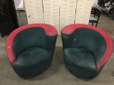 Pair of unique vintage red and green suede upholstery swivel armchairs - as is fair cond