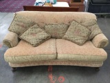 Vintage Alan White duck down couch with light pink/cream upholstery and pillows