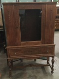 Antique deco curio cabinet w/ drawer - missing shelves - nice wood grain and detail